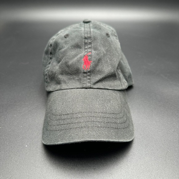 Ralph Lauren Polo Hat Cap Strap Back Black Adjustable  Red Logo Mens - Picture 1 of 7